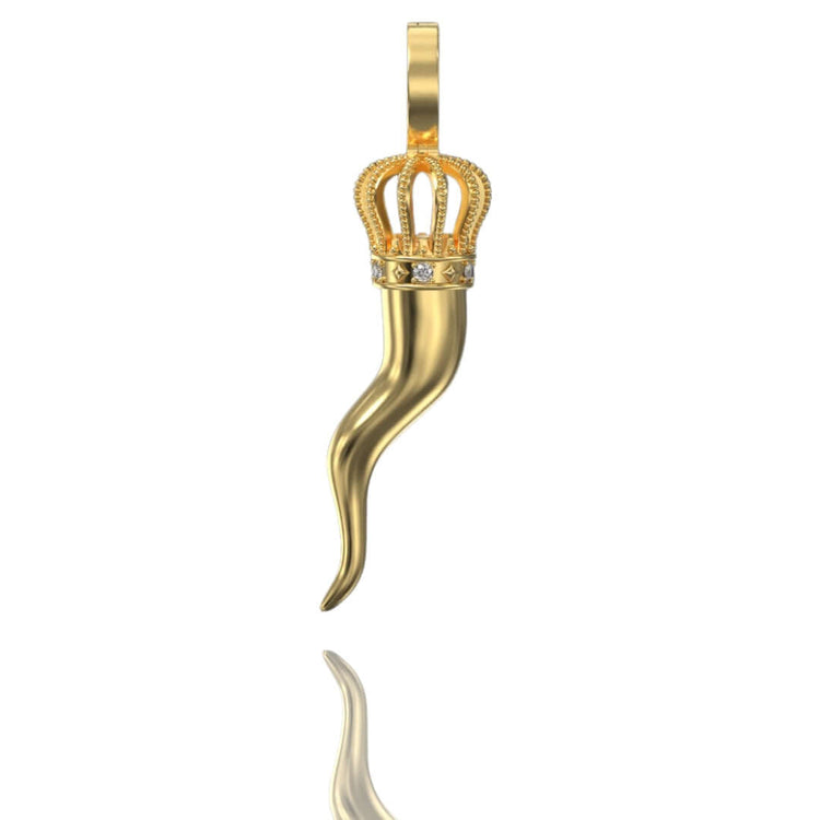 The Italian Horn Pendant – 14K Gold features a curved cornicello design, crowned with VVS moissanite jewels, displayed on a white background with a faint reflection.