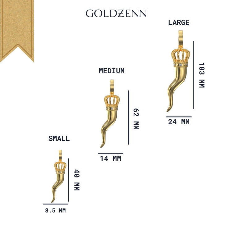 Three Italian Horn Pendant – 14K Gold pieces inspired by cornicello necklaces, with ornate crown tops, in small (40x8.5mm), medium (62x14mm), and large (103x24mm) sizes are shown on a white background with the GOLDZENN brand.