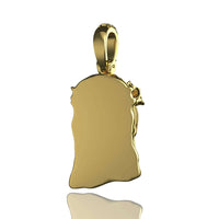 The 14K Gold Jesus Face Pendant with Diamond Bail features a wavy outline, polished reflective surface, and a diamond-studded bail for attaching to a chain, shown against a white background.