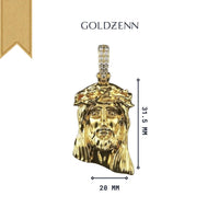 The 14K Gold Jesus Face Pendant with Diamond Bail measures 31.5 mm high by 20 mm wide and is shown on a white background with the brand name above the pendant.