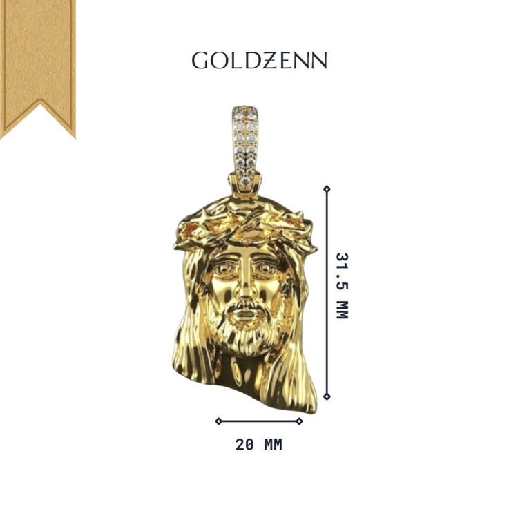 The 14K Gold Jesus Face Pendant with Diamond Bail measures 31.5 mm high by 20 mm wide and is shown on a white background with the brand name above the pendant.