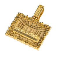 The 14K Gold Last Supper Small Custom Pendant features a detailed relief design, ornate edged frame, and a decorative bail for easy attachment to your favorite chain.