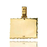 The 14K Gold Last Supper Small Custom Pendant is a rectangular piece with wavy edges, a polished finish, a gold bail for chains, and “14K” stamped at the bottom.