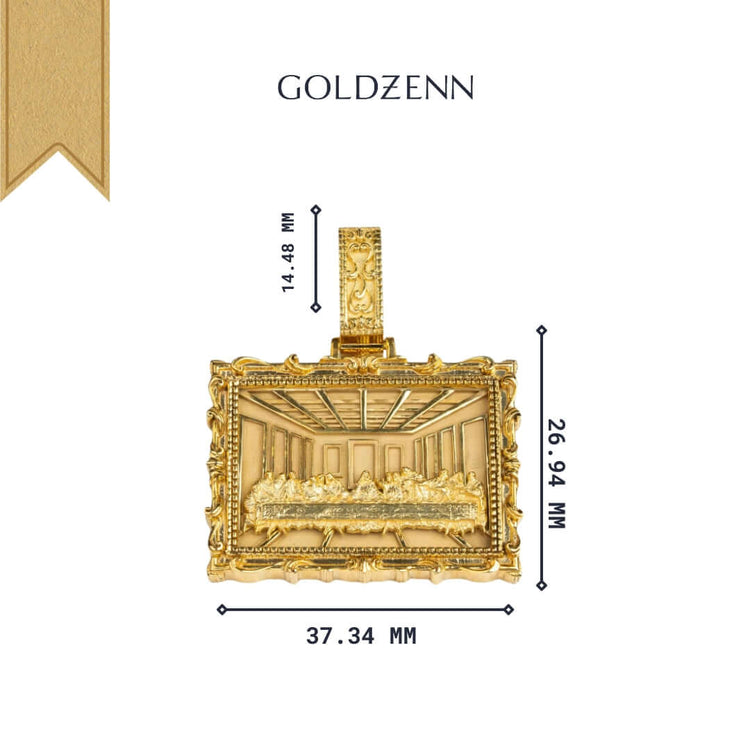The 14K Gold Last Supper Small Custom Pendant showcases a detailed depiction of The Last Supper with ornate edges. It measures 14.48 mm (bail), 26.94 mm (height), and 37.34 mm (width). "GOLDZENN" adorns this stunning pendant.