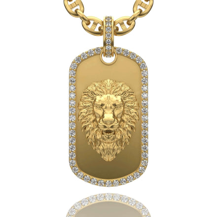 The 14K Gold Diamond Lion Dog Tag Pendant showcases a detailed lion's head in relief with sparkling diamonds, hanging from a gold chain with a matching diamond-studded bail—an exquisite lion jewelry piece.
