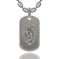 The 14K Gold Diamond Lion Dog Tag Pendant features a detailed lion's head in relief at the center, surrounded by sparkling diamond accents for added brilliance.