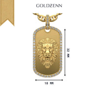 The Goldzenn 14K Gold Diamond Lion Dog Tag Pendant features a detailed lion's head accented with diamonds, measuring 32mm high and 18mm wide—a striking gold pendant necklace.