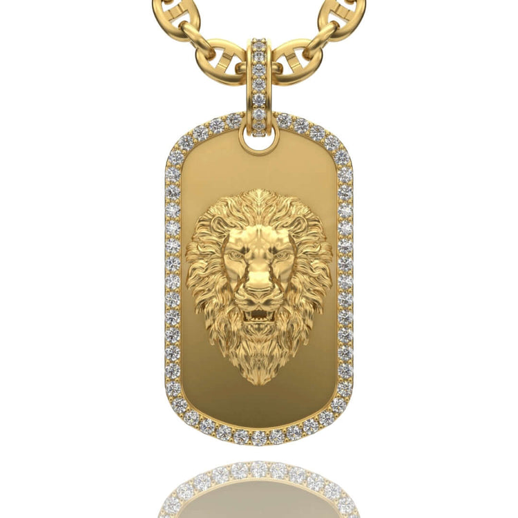 The 14K Gold Diamond Lion Dog Tag Pendant showcases a detailed lion's head in relief with sparkling diamonds, hanging from a gold chain with a matching diamond-studded bail—an exquisite lion jewelry piece.
