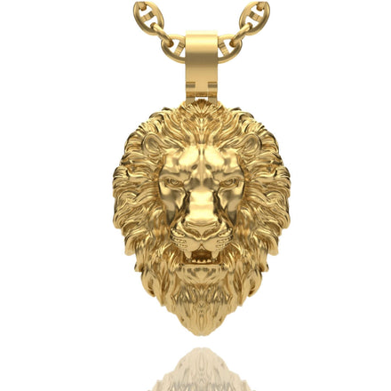 The 14k Gold Lion Head Pendant features a detailed lion head with intricate fur and facial features, showcased against a white background.