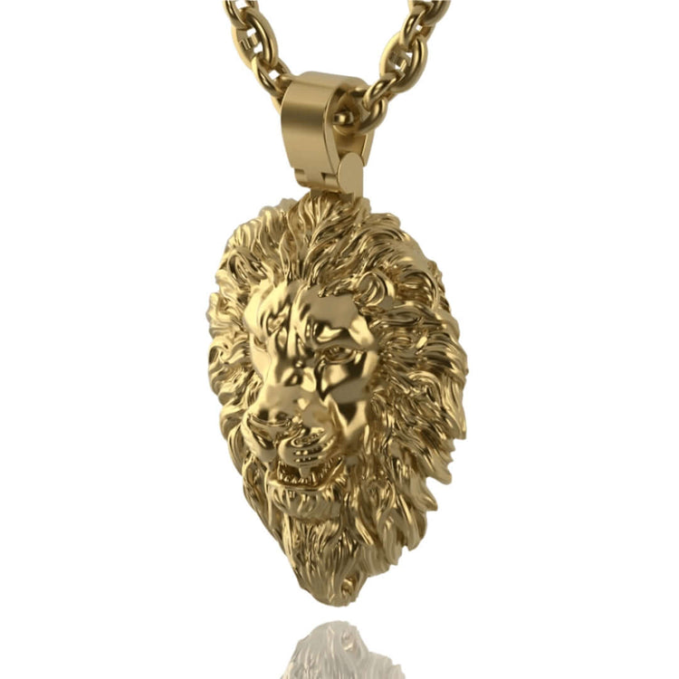 The 14k Gold Lion Head Pendant features a detailed lion’s head with a fierce expression and polished finish, hanging from a matching chain for a bold statement look.
