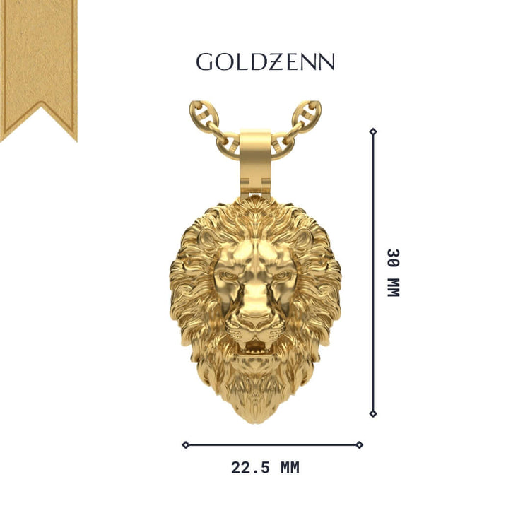 The 14k Gold Lion Head Pendant, sized 30mm tall by 22.5mm wide, hangs on a chain with "GOLDZENN" above it, all displayed on a clean white background.