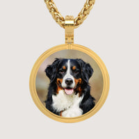 A 14K Gold Modern Double Border Round Picture Pendant featuring a photo of a Bernese Mountain Dog with a black, white, and brown coat, facing forward with its tongue slightly out.