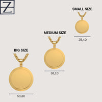 Three 14K Gold Modern Grooved Round Picture Pendants are shown in small (25.4mm), medium (38.1mm), and large (50.8mm) sizes, each labeled; a “Z” logo is visible in the top left corner.