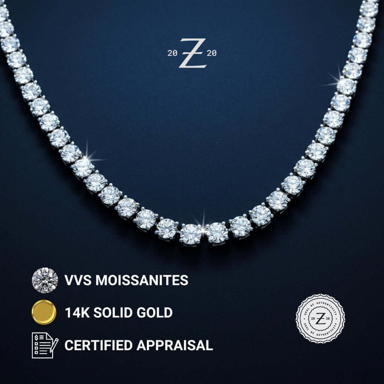 The Tennis Chain - 14K Gold Moissanite glows with round VVS stones on a dark backdrop. Icons show ethical luxury, VVS moissanites, and certified appraisal. The letter Z and “2020” are displayed at the top.