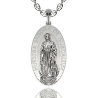 A 14k gold oval pendant on a chain features the image of Our Lady of Guadalupe, with the Spanish inscription NUESTRA SEÑORA DE GUADALUPE—an elegant Nuestra Virgen de Guadalupe Pendant to cherish.