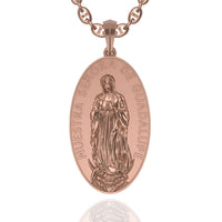 Oval rose gold pendant engraved with the Virgin Mary and “NUESTRA SEÑORA DE GUADALUPE” around the edge—a timeless 14k Gold Nuestra Virgen de Guadalupe Pendant.