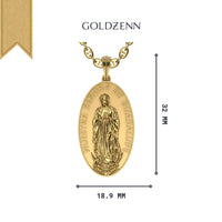14k Gold Nuestra Virgen de Guadalupe Pendant—gold oval necklace featuring an embossed NUESTRA SEÑORA DE GUADALUPE, pendant size 32mm x 18.9mm, with GOLDZENN inscribed above.