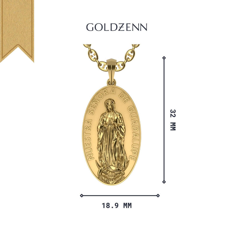 14k Gold Nuestra Virgen de Guadalupe Pendant—gold oval necklace featuring an embossed NUESTRA SEÑORA DE GUADALUPE, pendant size 32mm x 18.9mm, with GOLDZENN inscribed above.
