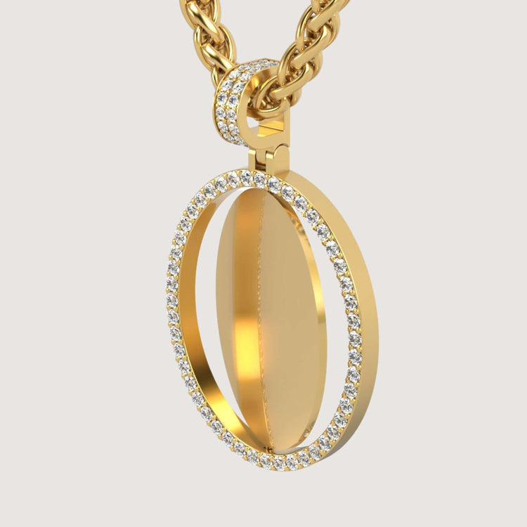 The 14K Gold Open Oval Diamond Picture Pendant features a round open pendant outlined with small diamonds, hanging from a thick twisted chain against a plain light background.