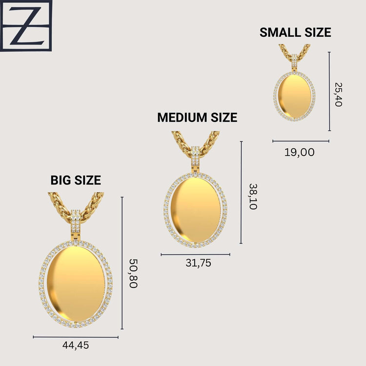 Three 14K Gold Open Oval Diamond Picture Pendants are displayed in small, medium, and large sizes (labeled in millimeters), each hanging elegantly from a gold chain.