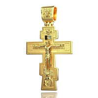The 14k Gold Orthodox Cross Pendant features an intricate image of Jesus on the cross, detailed engravings, and religious symbols on both the cross and bail—a refined gold pendant for men’s devotion.
