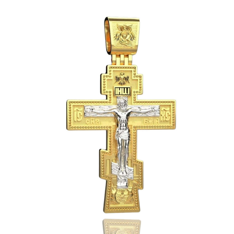 The 14k Gold Orthodox Cross Pendant for men showcases an embossed image of Jesus Christ crucified at the center, with detailed inscriptions highlighting the classic Orthodox cross design.