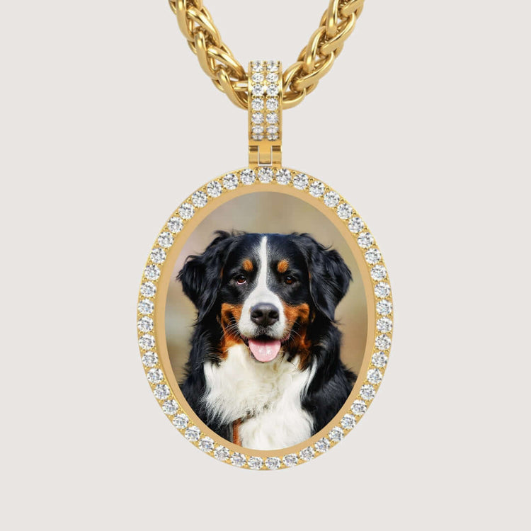 The 14k Gold Oval Picture Pendant with Diamonds showcases a color photo of a Bernese Mountain Dog facing forward, its fluffy tricolor coat on display, and hangs from a thick gold chain.