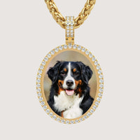 The 14k Gold Oval Picture Pendant with Diamonds showcases a color photo of a Bernese Mountain Dog facing forward, its fluffy tricolor coat on display, and hangs from a thick gold chain.
