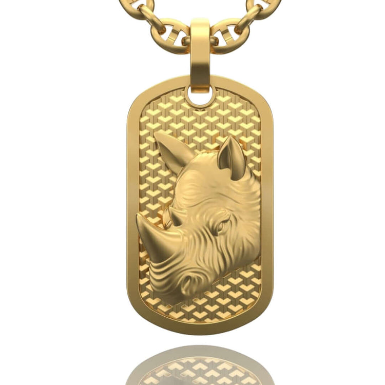 A bold 14k Gold Rhino Dog Tag Pendant featuring a detailed rhinoceros head—an eye-catching choice for men’s gold pendants.