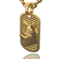 The 14k Gold Rhino Dog Tag Pendant showcases a raised 3D rhino head on a textured background, crafted in solid 14K gold—an ideal statement piece for those who love bold men’s pendants.