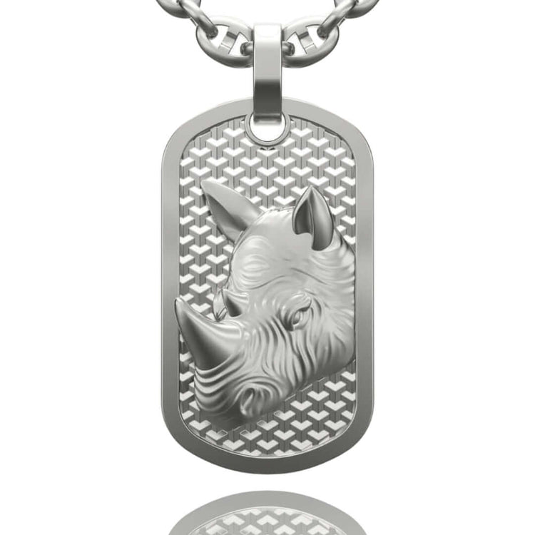The 14k Gold Rhino Dog Tag Pendant features a raised rhinoceros head on a textured, grid-patterned background.