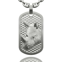 The 14k Gold Rhino Dog Tag Pendant features a raised rhinoceros head on a textured, grid-patterned background.