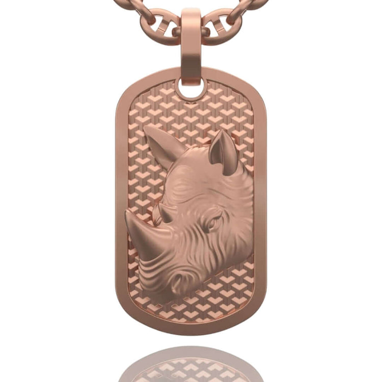 The 14k Gold Rhino Dog Tag Pendant features a raised rhinoceros head on a textured rose gold background and hangs from a matching chain—an ideal addition to any men’s gold pendant collection.