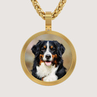 The 14K Gold Ribbed Round Picture Pendant features a photo of a happy Bernese Mountain Dog with a black, white, and brown coat—an elegant personalized gold necklace perfect for dog lovers.