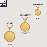 Three 14K Gold Ribbed Round Picture Pendants—small (25.40 mm), medium (38.10 mm), and big (50.80 mm)—are shown side by side on a minimal background, each elegantly labeled with its size for easy comparison.