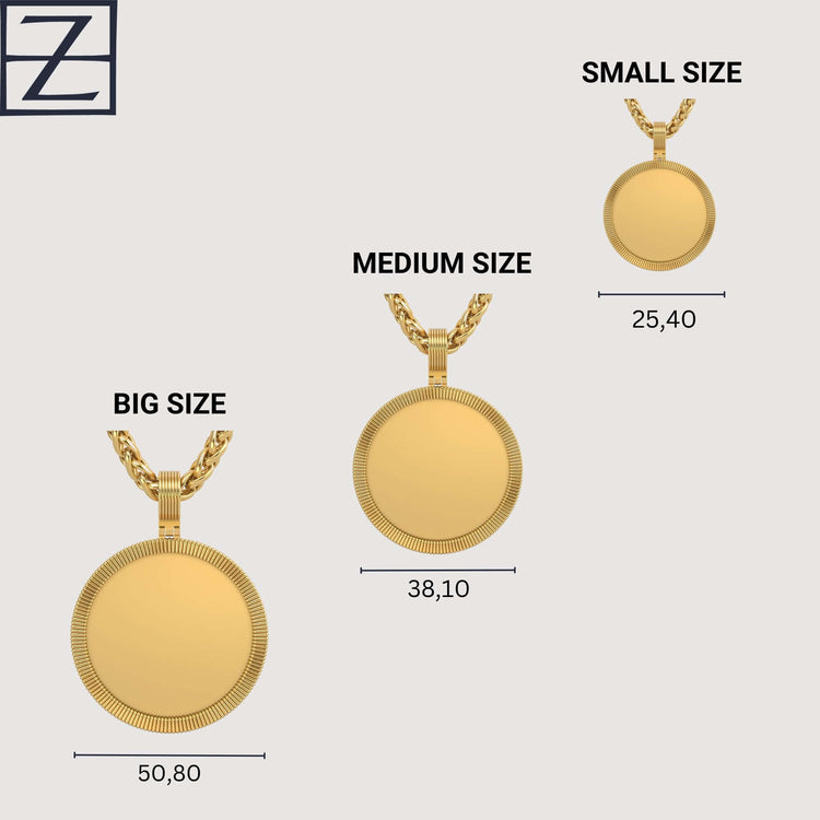 Three 14K Gold Ribbed Round Picture Pendants—small (25.40 mm), medium (38.10 mm), and big (50.80 mm)—are shown side by side on a minimal background, each elegantly labeled with its size for easy comparison.