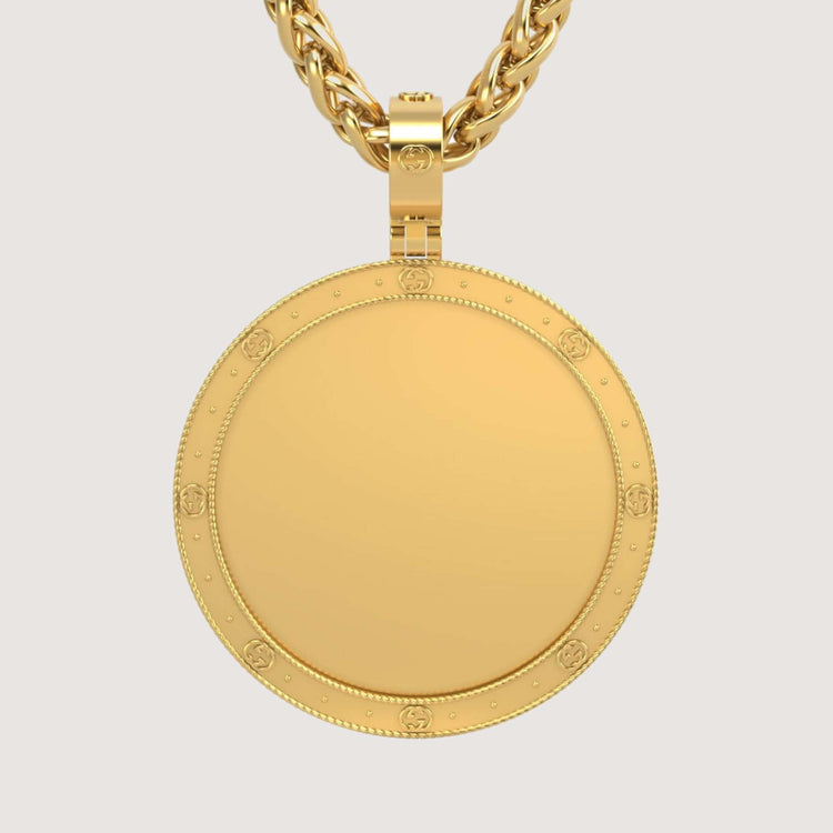 A close-up of the 14K Gold Round Engraved Border Picture Pendant, featuring a rope-style chain and engraved border, displayed against a plain light background.