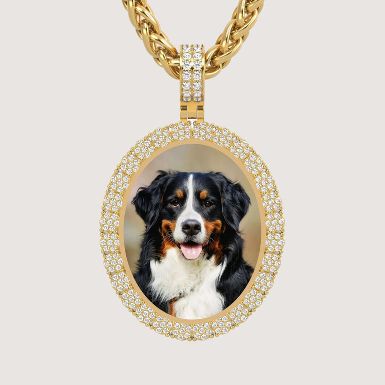 The 14K Gold Scalloped Oval Diamond Photo Pendant showcases a color portrait of a happy Bernese Mountain Dog with a black, white, and brown coat, set in gold and diamonds on a thick chain against a plain background.