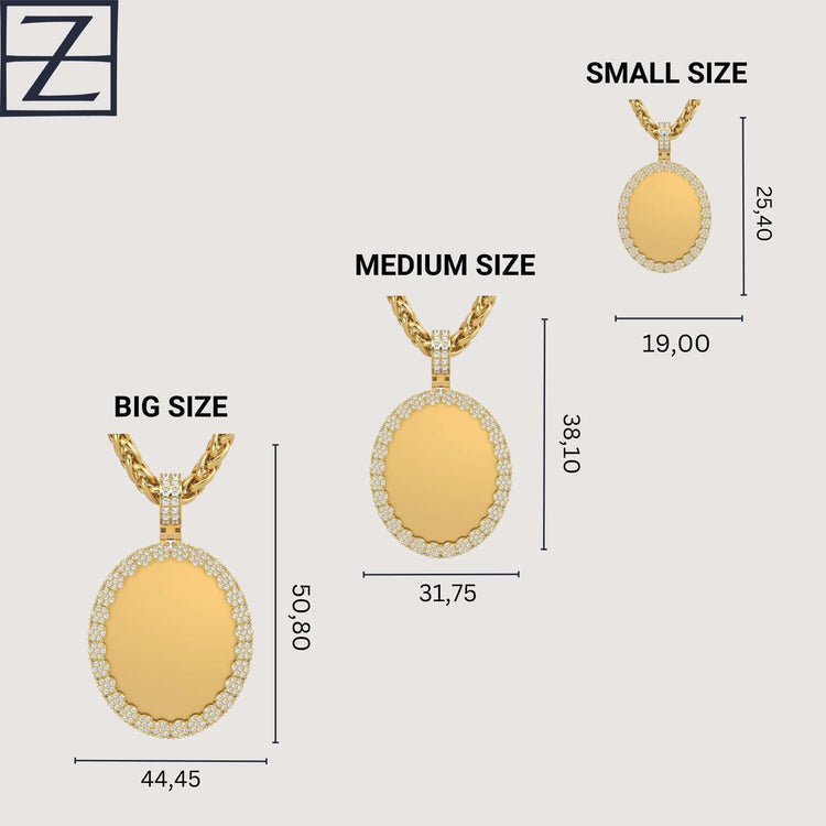 Three 14K Gold Scalloped Oval Diamond Photo Pendants are displayed in small, medium, and large sizes with dimensions in millimeters, set against a light backdrop featuring a stylized Z logo at the top left.