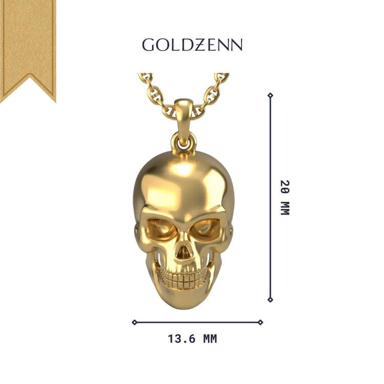 The 14k Gold Skull Pendant necklace features a bold 20mm x 13.6mm pendant on a chain, shown on a white background with the GOLDZENN brand name at the top.