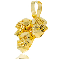 The Hear No Evil, See No Evil, Speak No Evil Gold Pendant is a 14K gold piece featuring three skulls with hands over eyes, ears, and mouth, symbolizing Japanese philosophy: see no evil, hear no evil, speak no evil.