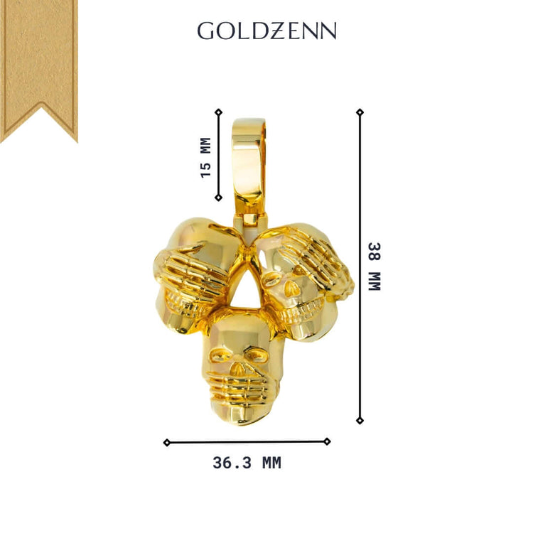 The Hear No Evil, See No Evil, Speak No Evil Gold Pendant features skulls covering eyes, ears, and mouth. Crafted in 14K gold, this 38mm pendant reflects Japanese philosophy and displays the GOLDZENN logo on top.