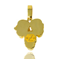 The "Hear No Evil, See No Evil, Speak No Evil Gold Pendant" features three joined grapes, inspired by Japanese philosophy jewelry, with a hexagonal emblem engraved with Z, 29, and 20. It boasts a polished, reflective finish.