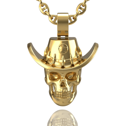 The 14k Gold Skull Sheriff Pendant features a human skull with a cowboy hat and star, hanging from a matching gold chain against a white background—a unique men's sheriff accessory.