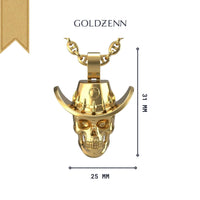 The 14k Gold Skull Sheriff Pendant for men features a bold cowboy skull design on a chain, sized 31mm x 25mm, shown on a white background with the GOLDZENN brand name above—a standout piece for daring style.