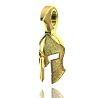 The 14k Gold Heroic Spartan Helmet Pendant features a textured surface and smooth edges, expertly crafted to resemble an ancient warrior helmet—a bold and striking piece of Spartan jewelry shown on a white background.