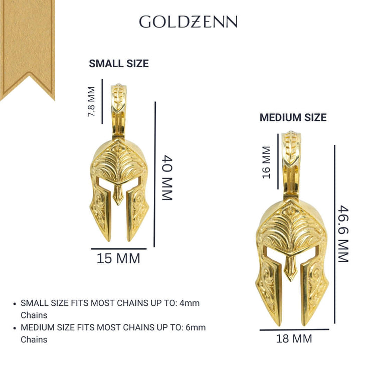 The Spartan Helmet Pendant - 14k Solid Gold is available in small (40mm x 15mm) and medium (46.6mm x 18mm) sizes, each with details on chain compatibility—ideal as striking Spartan jewelry or a bold warrior pendant.