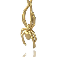 The 14k Gold Spider Pendant features detailed legs and a polished body, creating an elegant spider jewelry piece that hangs from a loop against a white background.