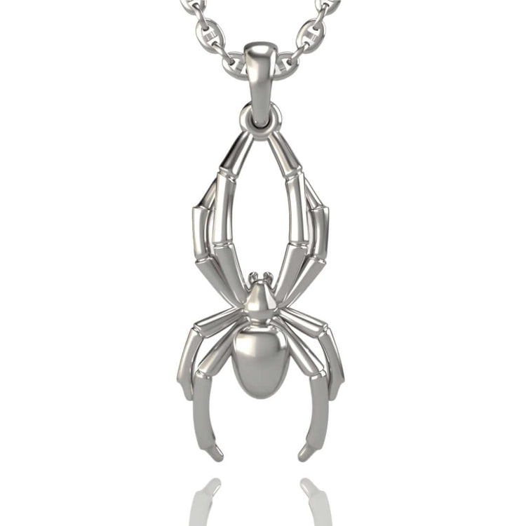 The 14k Gold Spider Pendant features a stylized spider design with detailed legs and a polished body, showcasing unique spider jewelry craftsmanship and hanging elegantly from a chain against a white background.