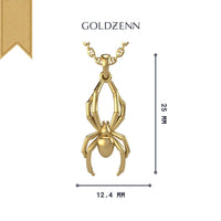 The Goldzenn 14k Gold Spider Pendant is a striking gold spider-shaped necklace, measuring 25mm tall by 12.4mm wide and shown on a white background.